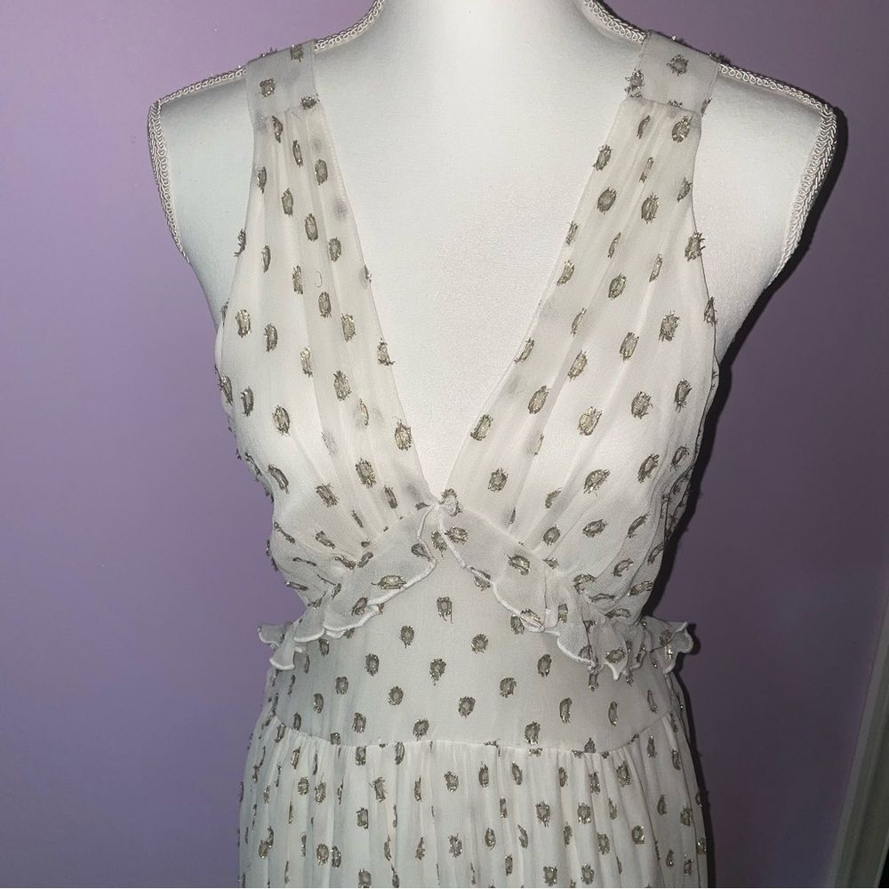 NEW En Creme Maxi Dress M Boho Metallic Polka Dot Cutout Ruffle Tiered - Picture 4 of 13